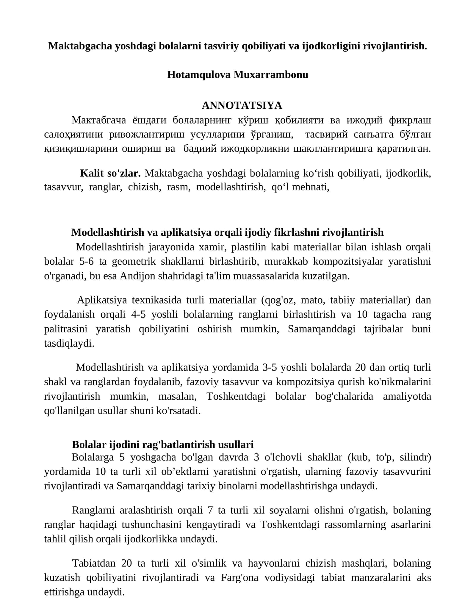 Maktabgacha yoshdagi bolalarni tasviriy qobiliyati va ijodkorligini rivojlantirish