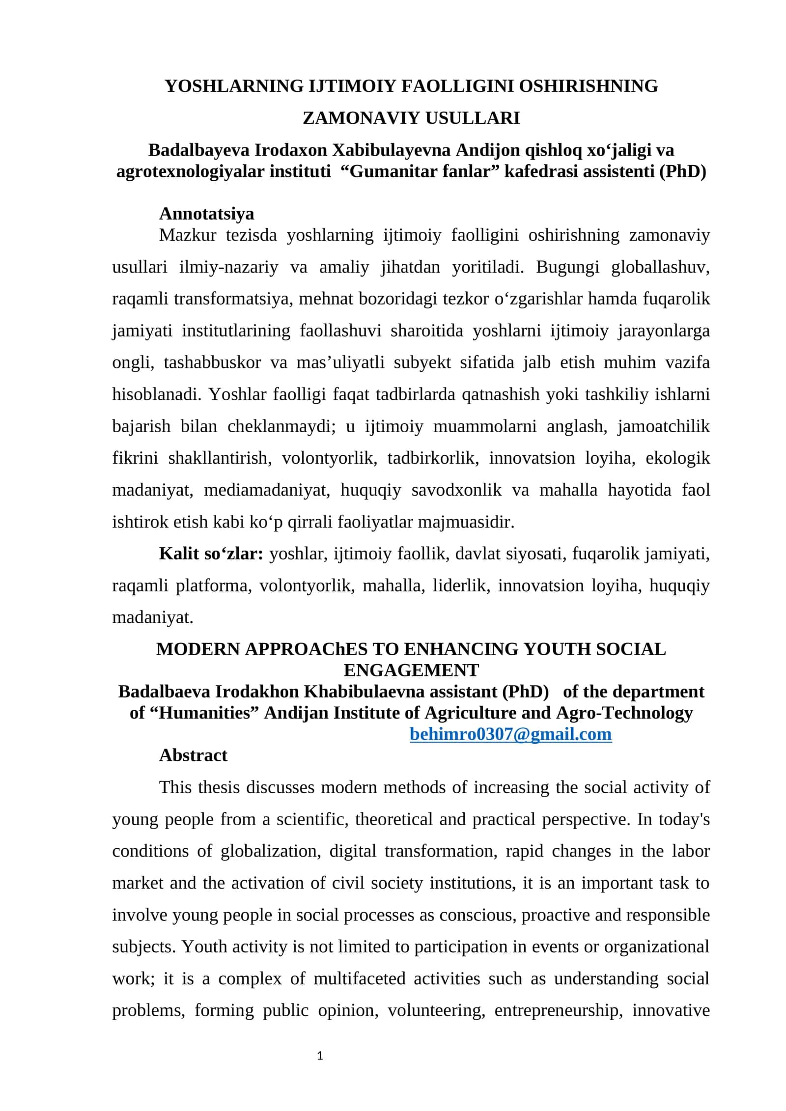 YOSHLARNING IJTIMOIY FAOLLIGINI OSHIRISHNING ZAMONAVIY USULLARI