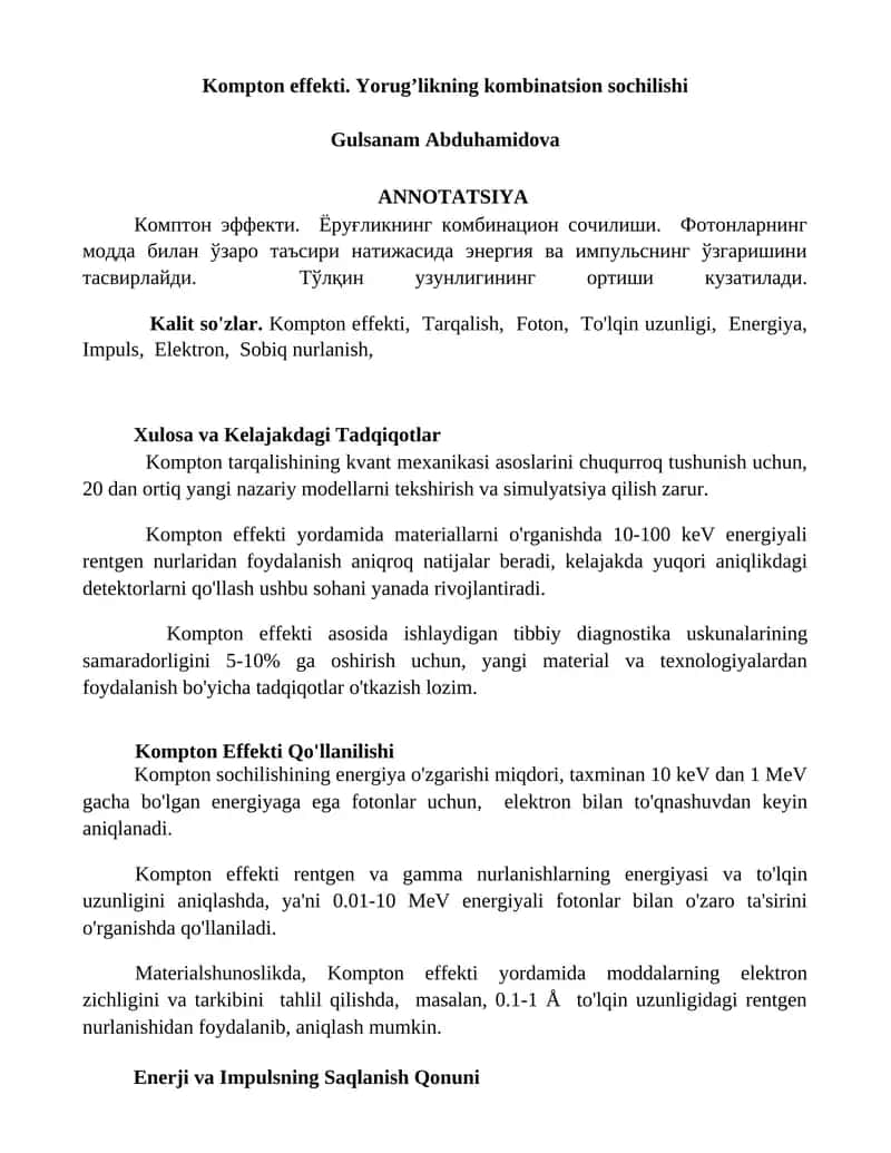 Kompton effekti. Yorug’likning kombinatsion sochilishi