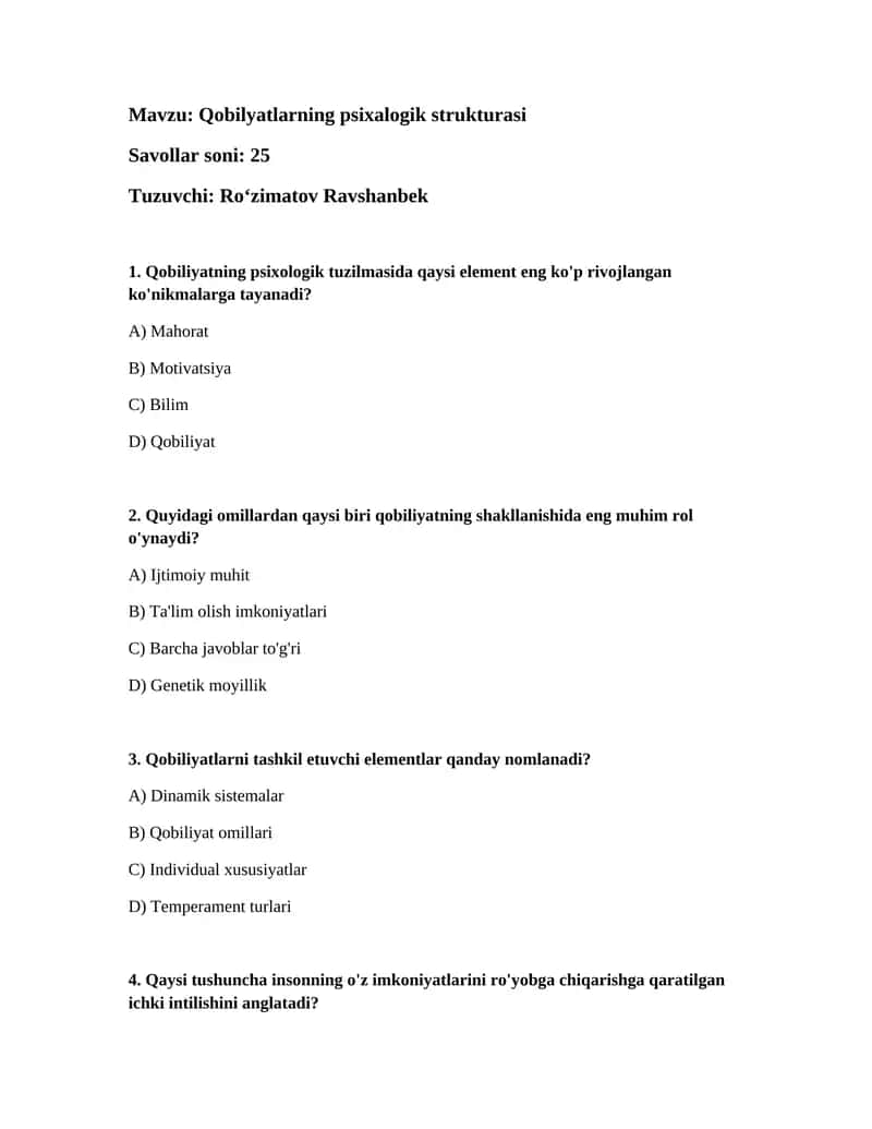 Qobilyatlarning psixalogik strukturasi