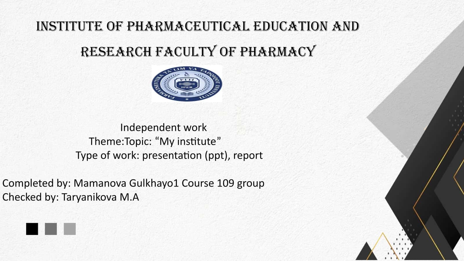 "My Institute" presentation and report