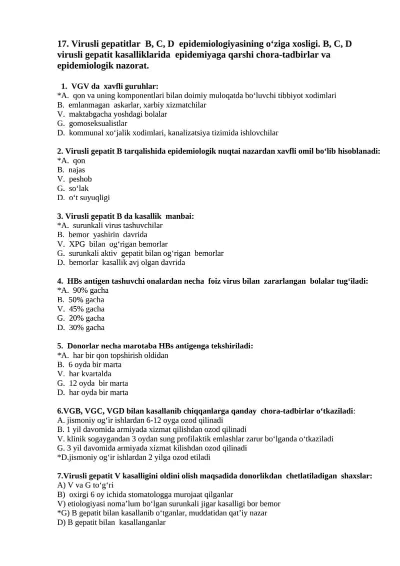 Virusli gepatitlar B, C, D epidemiologiyasining o‘ziga xosligi. B, C, D virusli gepatit kasalliklarida epidemiyaga qarshi chora-tadbirlar va epidemiologik nazorat