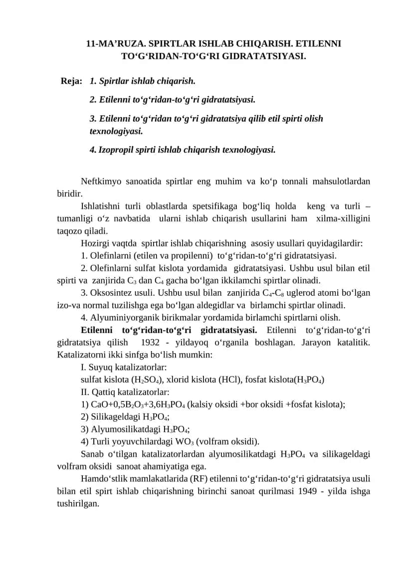 Etilenni to‘g‘ridan-to‘g‘ri gidratatsiyasi