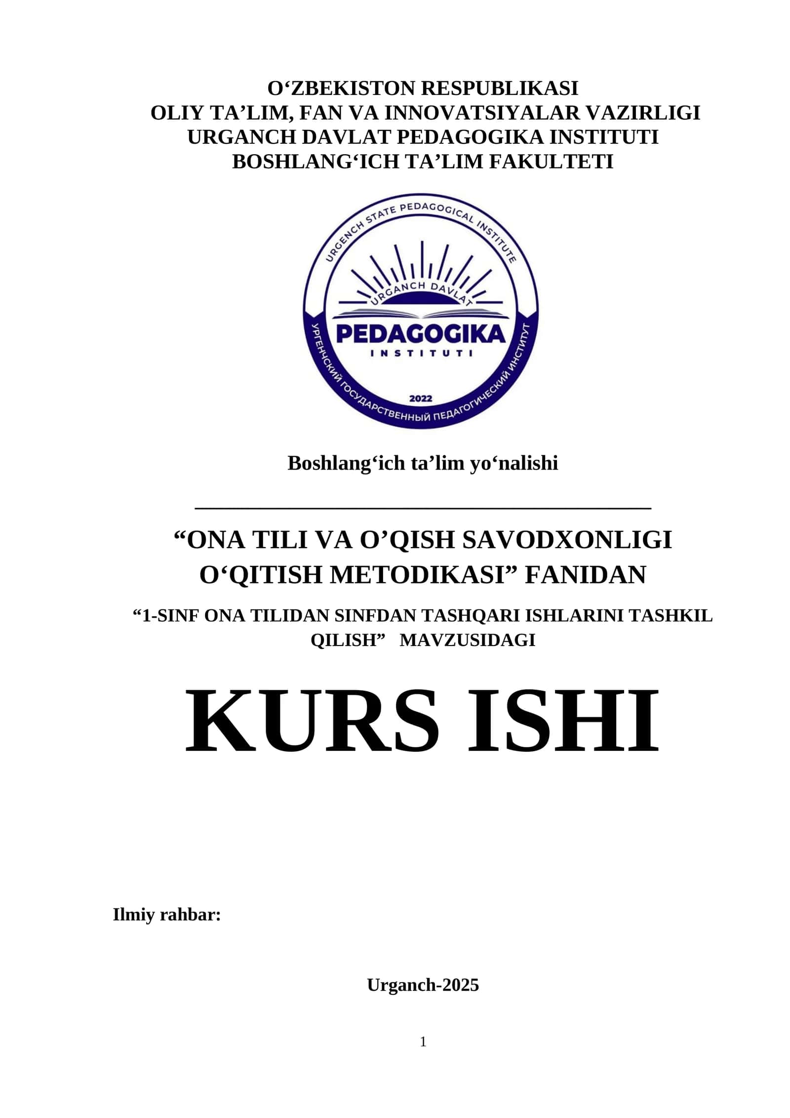 1-SINF ONA TILIDAN SINFDAN TASHQARI ISHLARINI TASHKIL QILISH