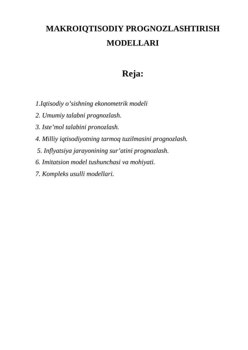 Iqtisodiy Prognozlashtirish Modellari