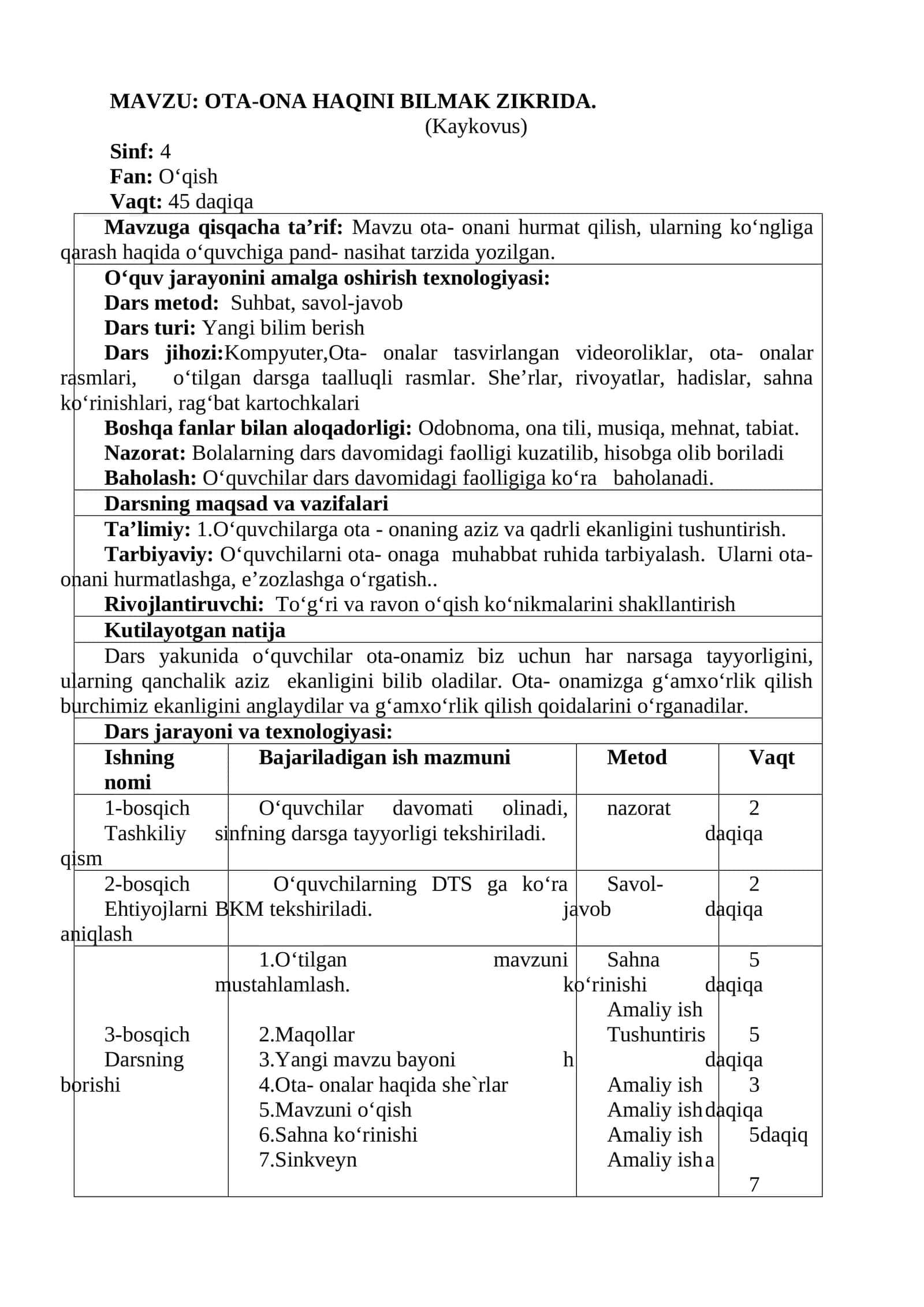 4-sinf O'qish fanidan Ota-ona haqini bilmak zikrida ochiq dars ishlanma