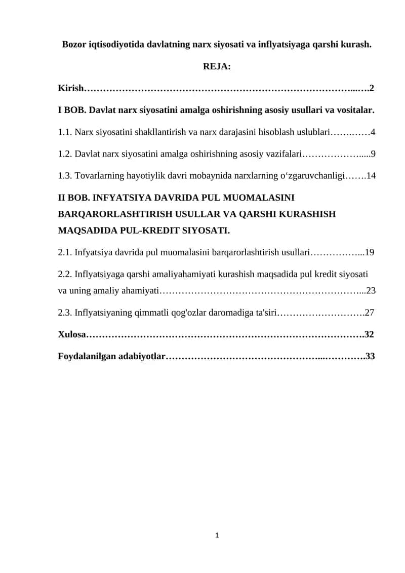 Narx Siyosati va Inflyatsiyaga Qarshi Kurash