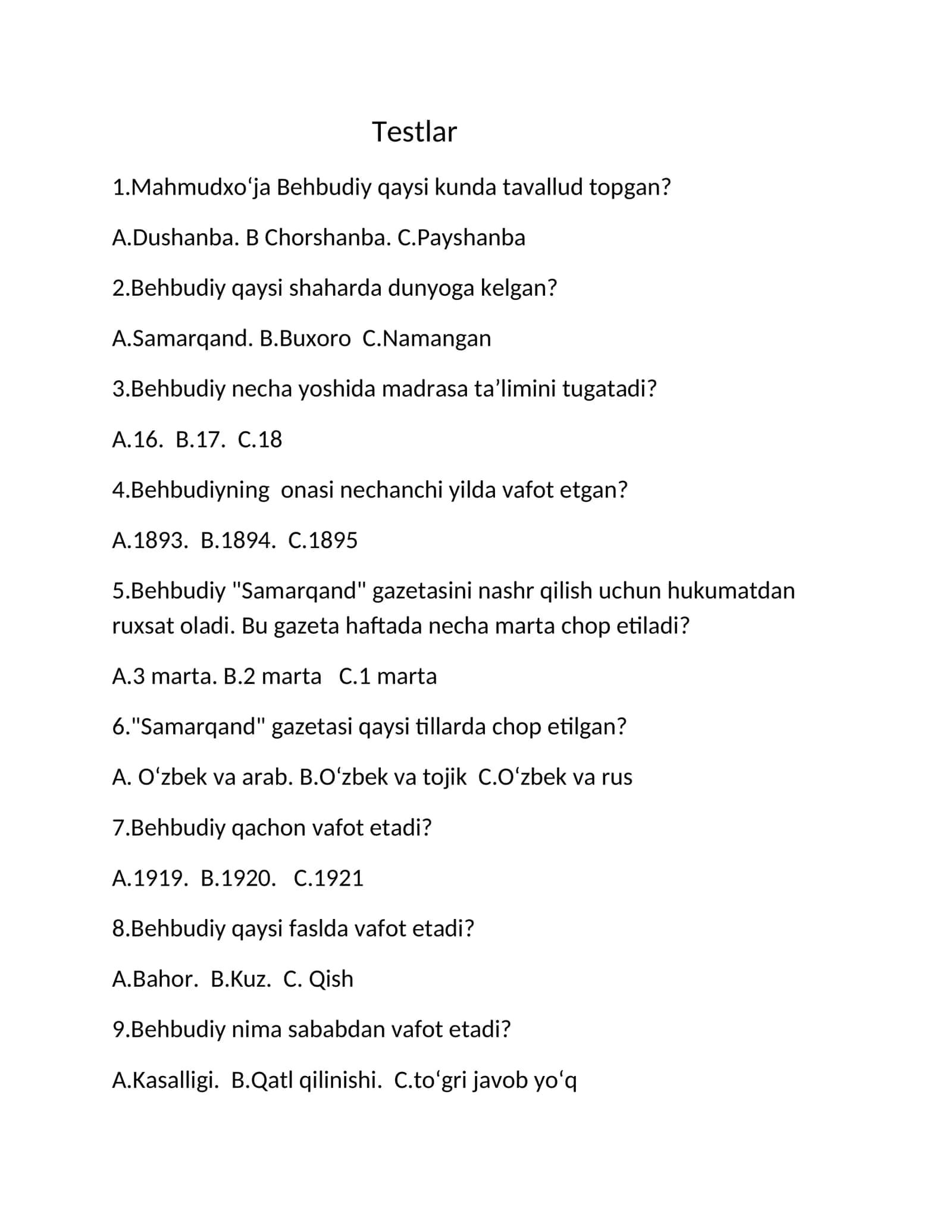 Testlar Behbudiy