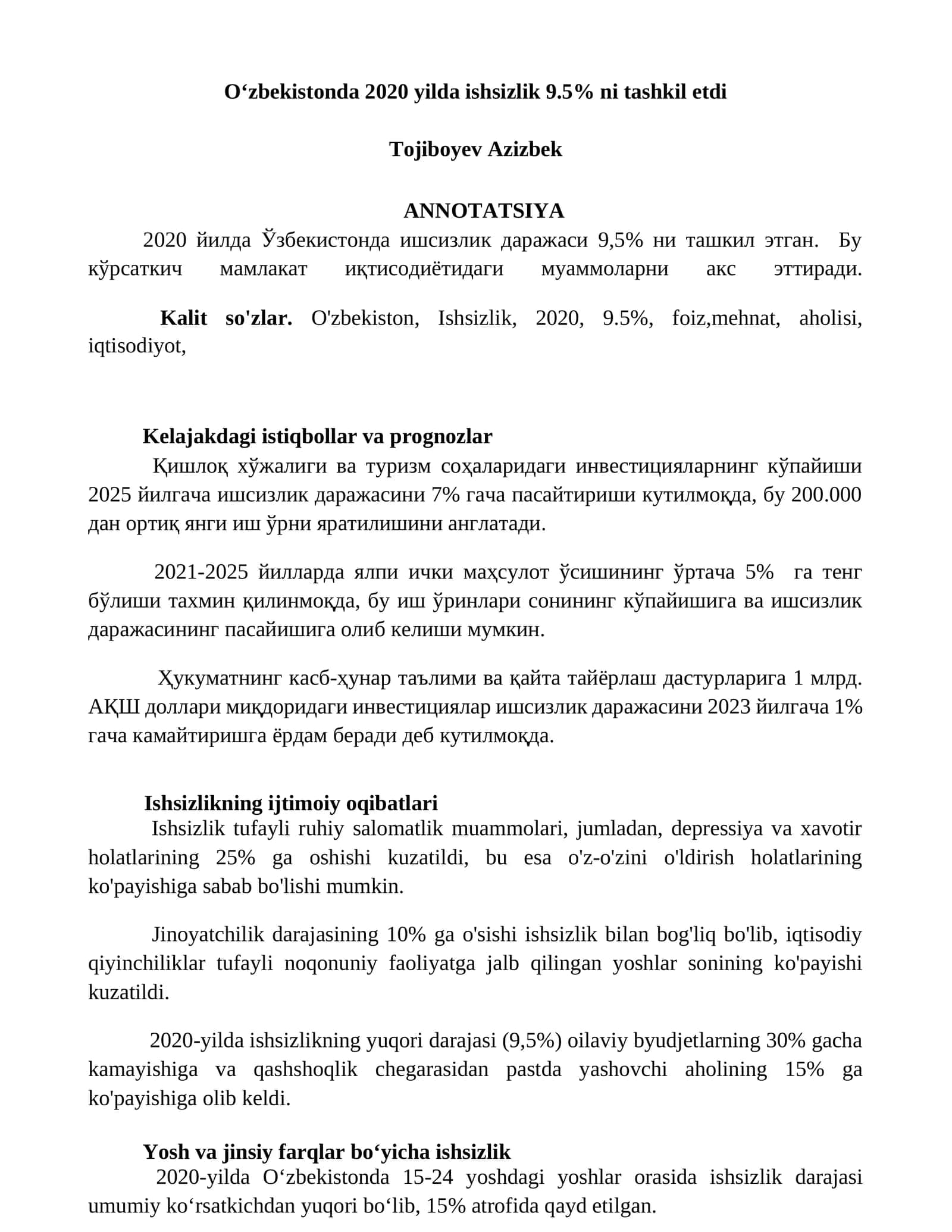 Oʻzbekistonda 2020 yilda ishsizlik 9.5% ni tashkil etdi