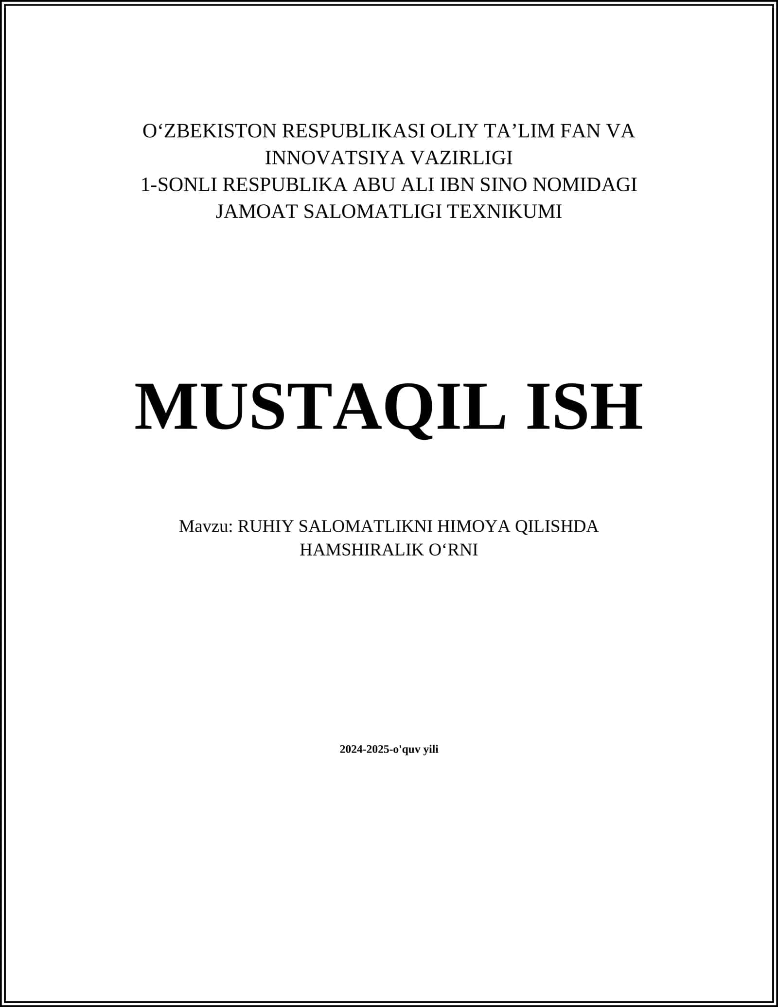 RUHIY SALOMATLIKNI HIMOYA QILISHDA HAMSHIRALIK O‘RNI