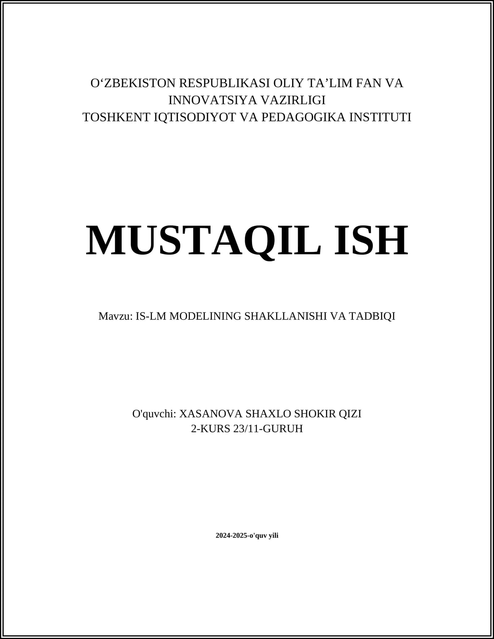 IS-LM MODELINING SHAKLLANISHI VA TADBIQI