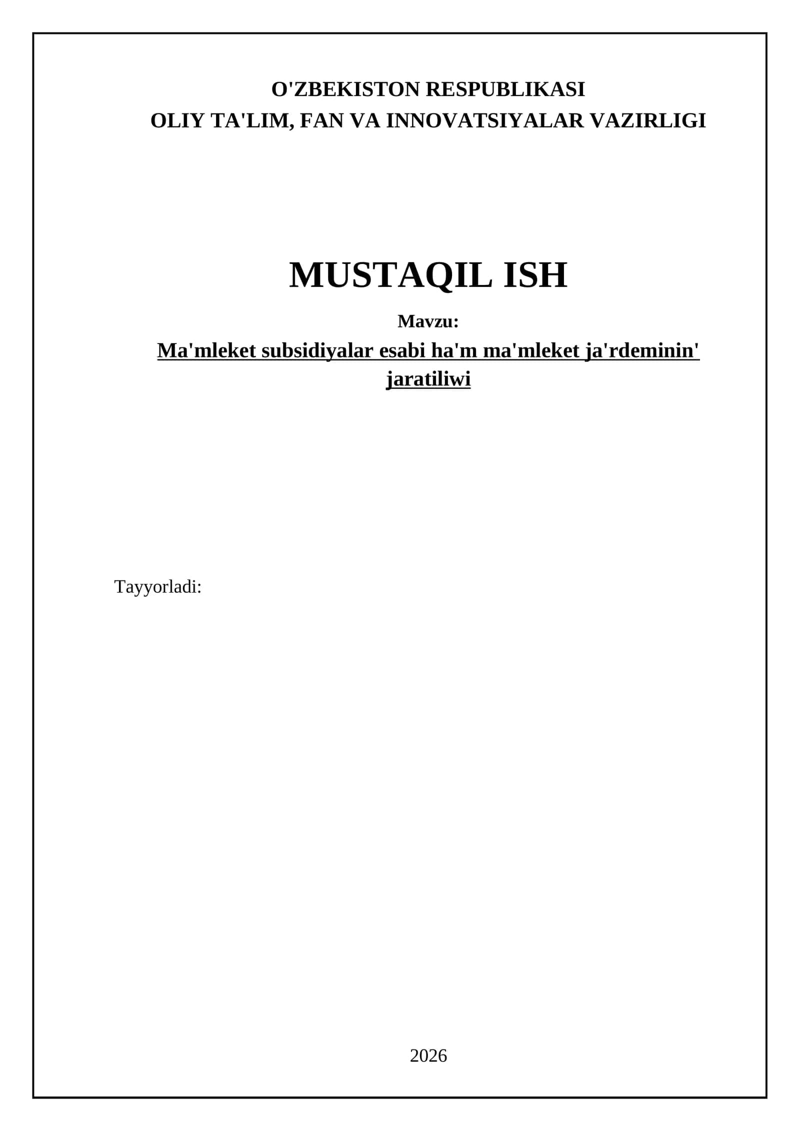 Ma'mleket subsidiyalar esabi ha'm ma'mleket ja'rdeminin' jaratiliwi