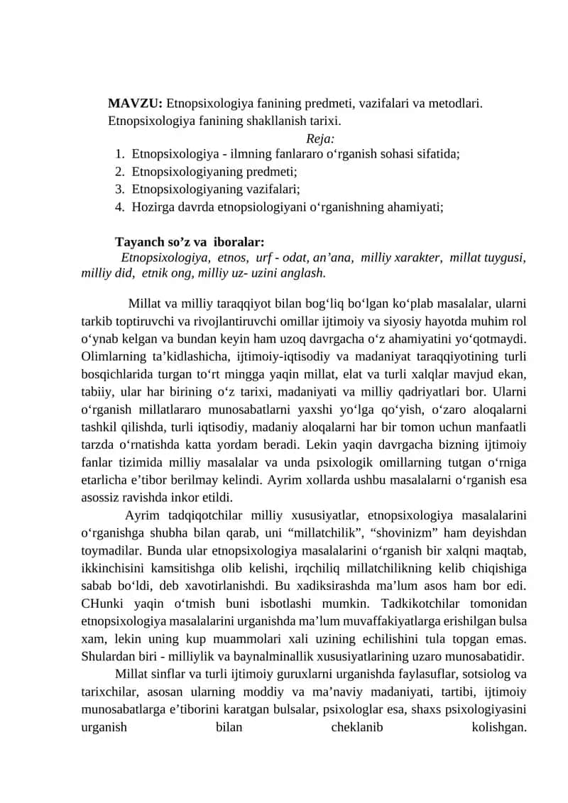 Etnopsixologiya fanining predmeti, vazifalari va metodlari.
