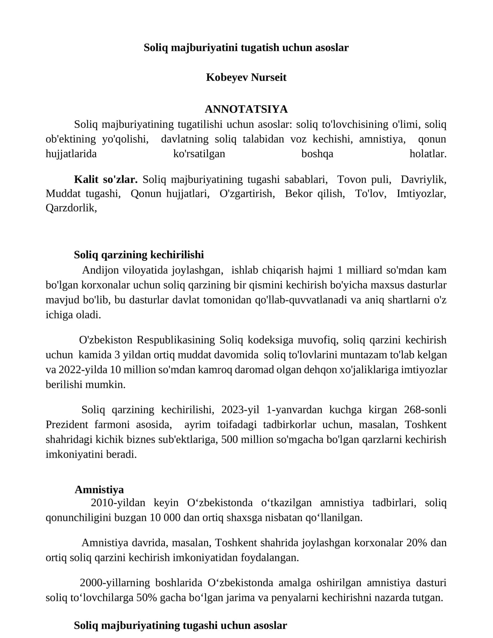 Soliq majburiyatini tugatish uchun asoslar