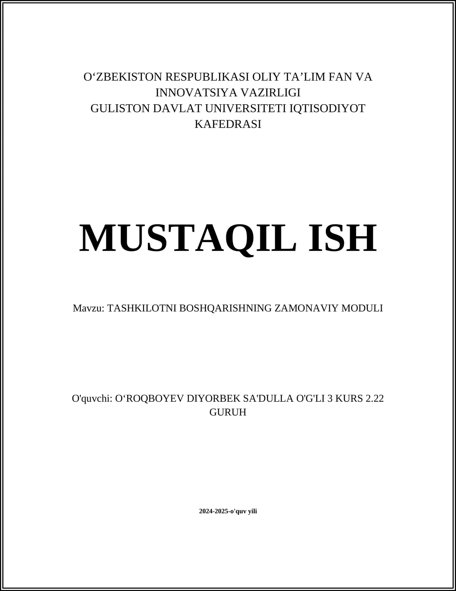 TASHKILOTNI BOSHQARISHNING ZAMONAVIY MODULI