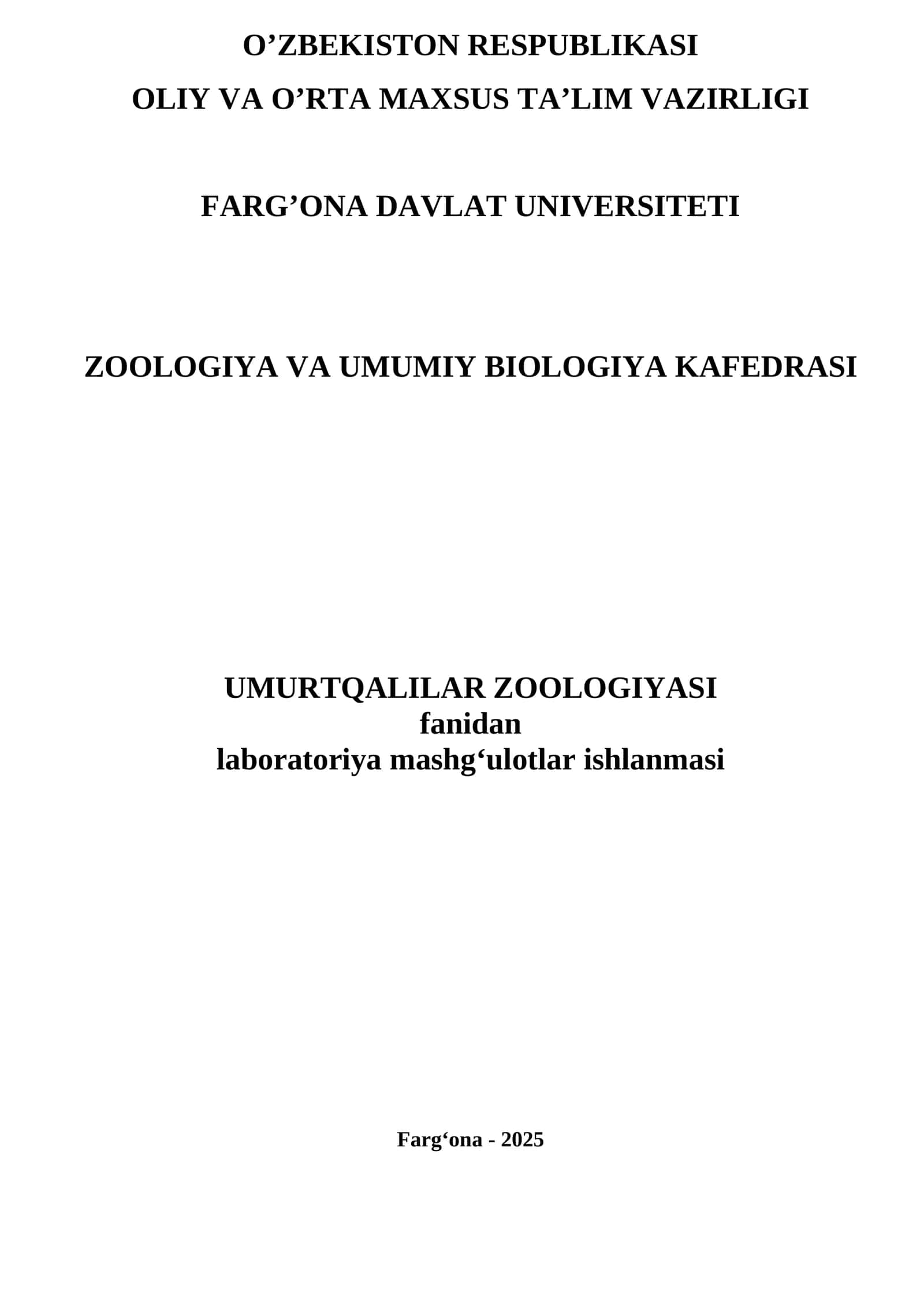 Umurtqalilar zoologiyasi laboratoriya mashg'ulotlar ishlanmasi