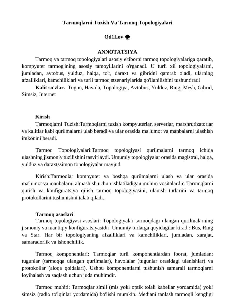 Tarmoqlarni Tuzish Va Tarmoq Topologiyalari