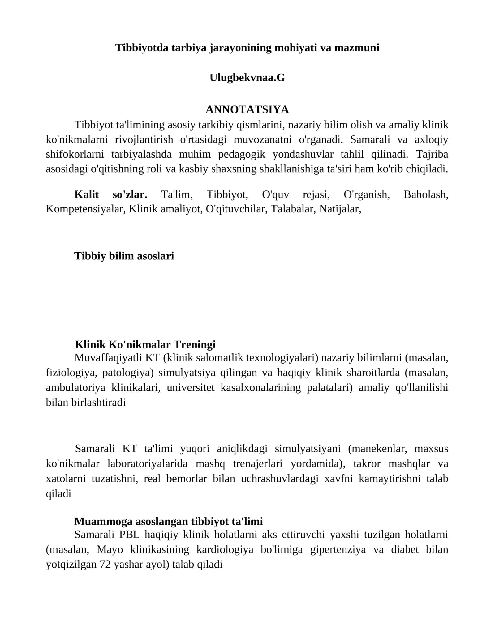 Tibbiyotda tarbiya jarayonining mohiyati va mazmuni