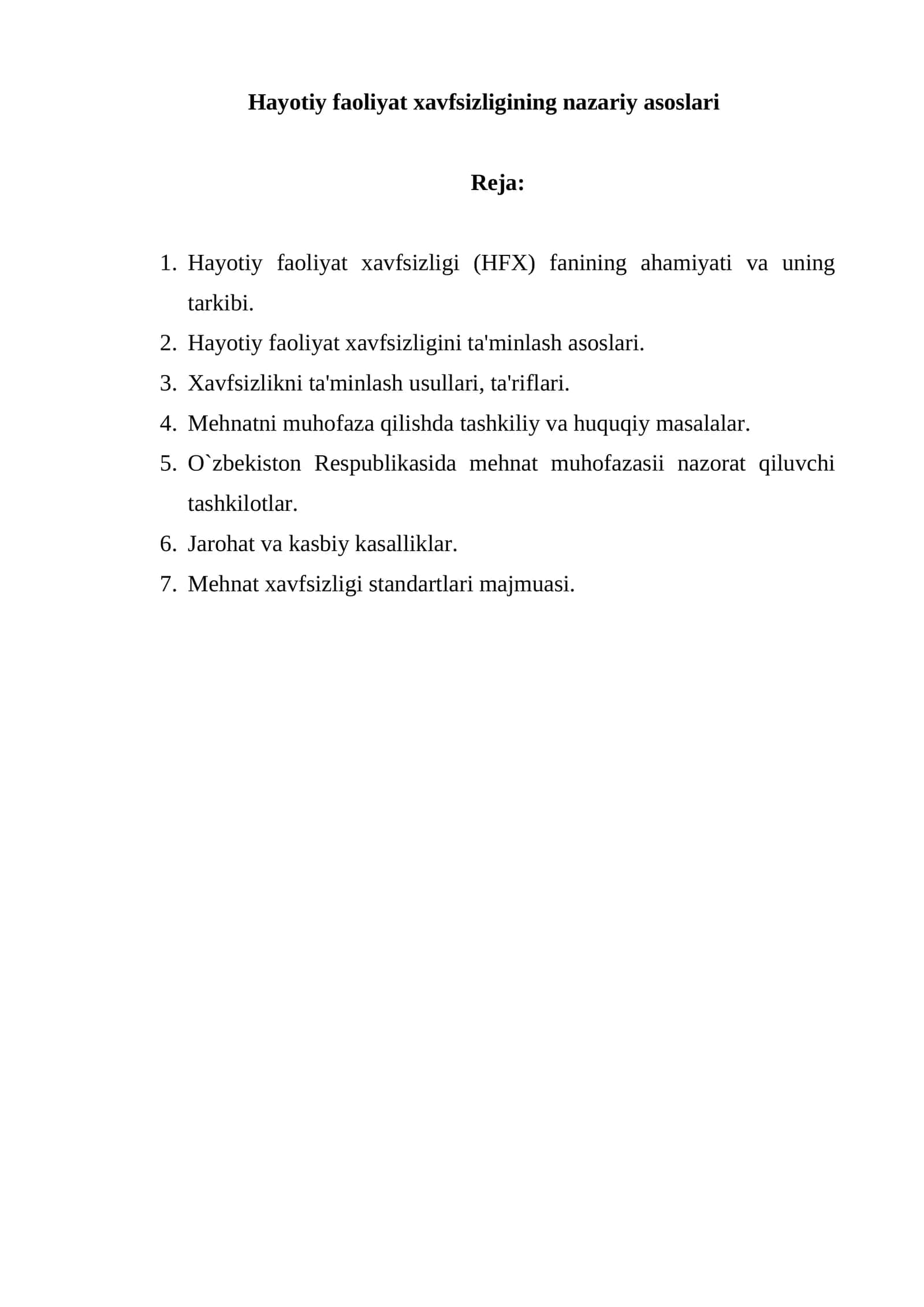Hayotiy faoliyat xavfsizligining nazariy asoslari