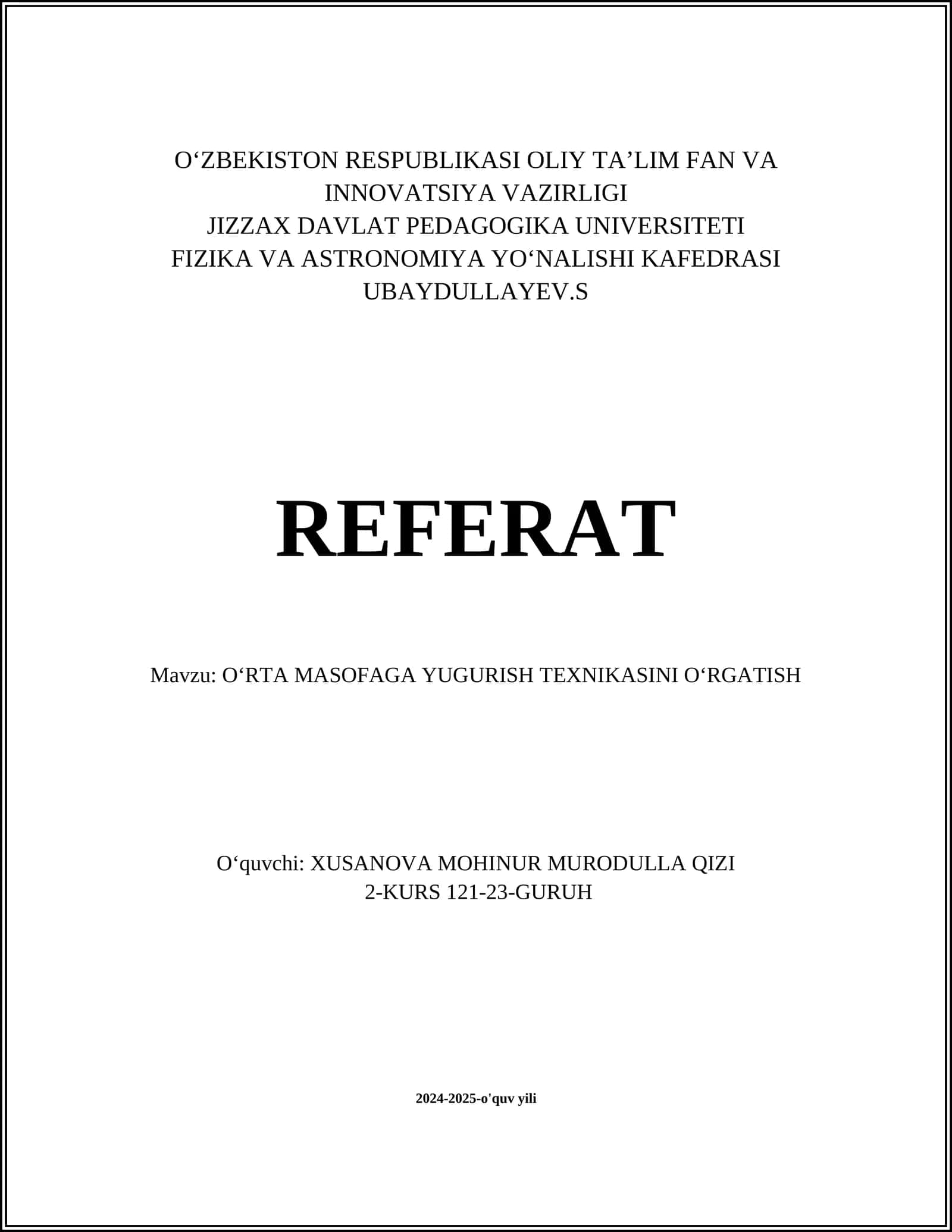 O‘RTA MASOFAGA YUGURISH TEXNIKASINI O‘RGATISH
