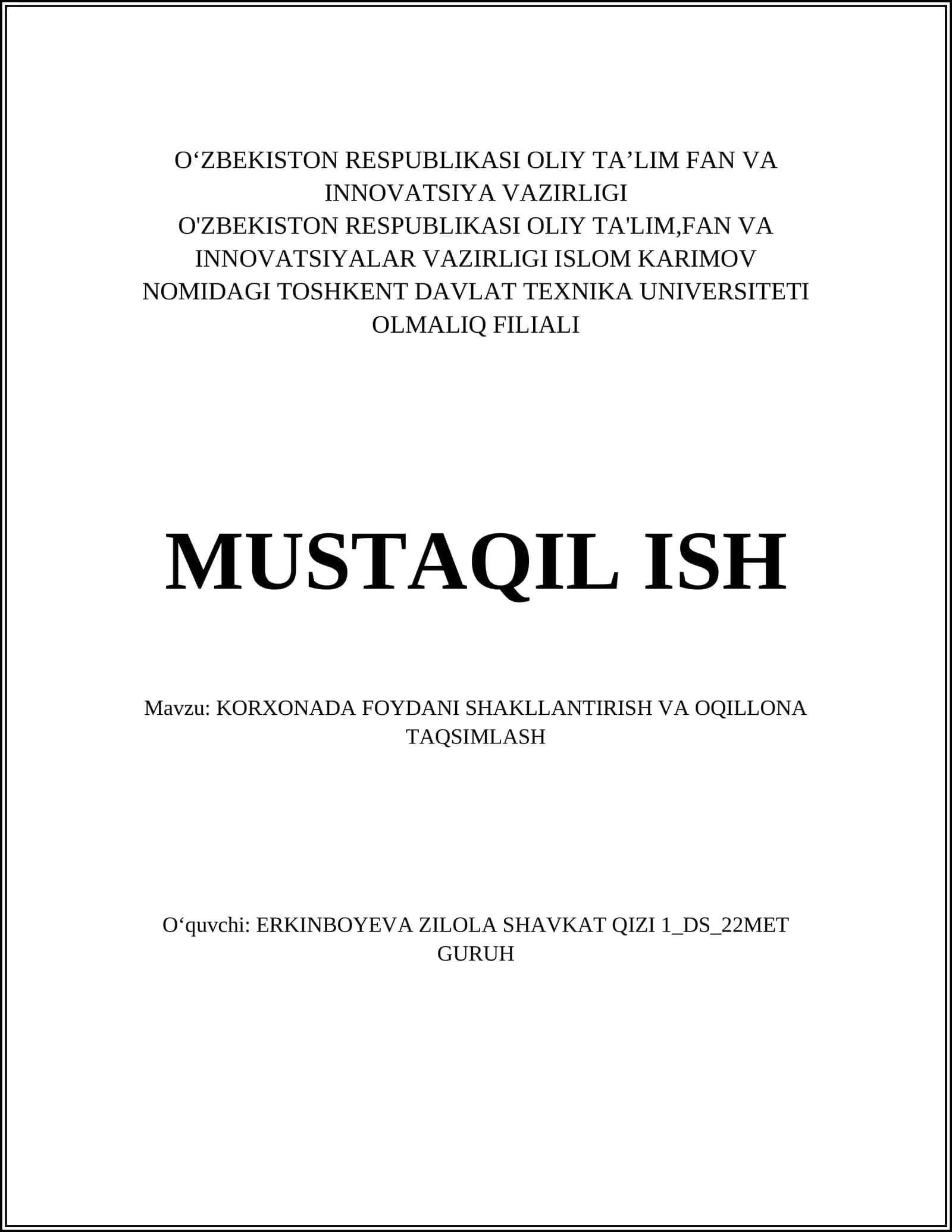 KORXONADA FOYDANI SHAKLLANTIRISH VA OQILLONA TAQSIMLASH