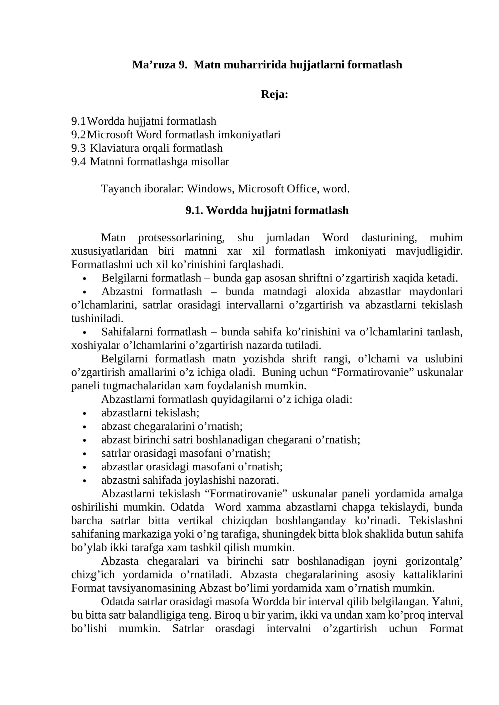 Ma’ruza 9. Matn muharririda hujjatlarni formatlash