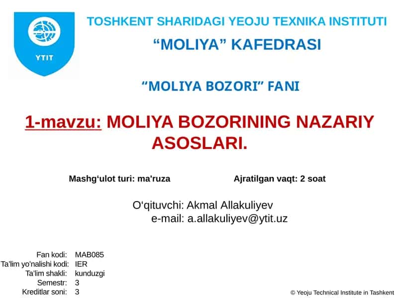 MOLIYA BOZORINING NAZARIY ASOSLARI