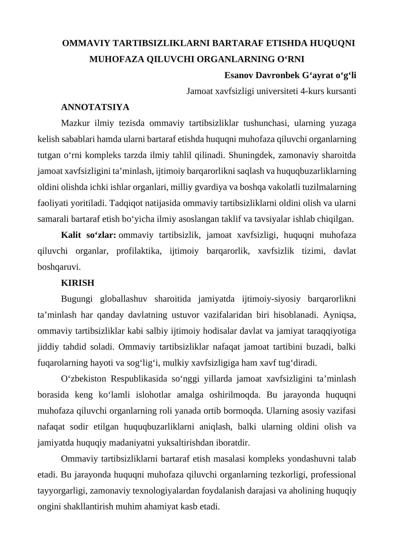 OMMAVIY TARTIBSIZLIKLARNI BARTARAF ETISHDA HUQUQNI MUHOFAZA QILUVCHI ORGANLARNING O‘RNI
