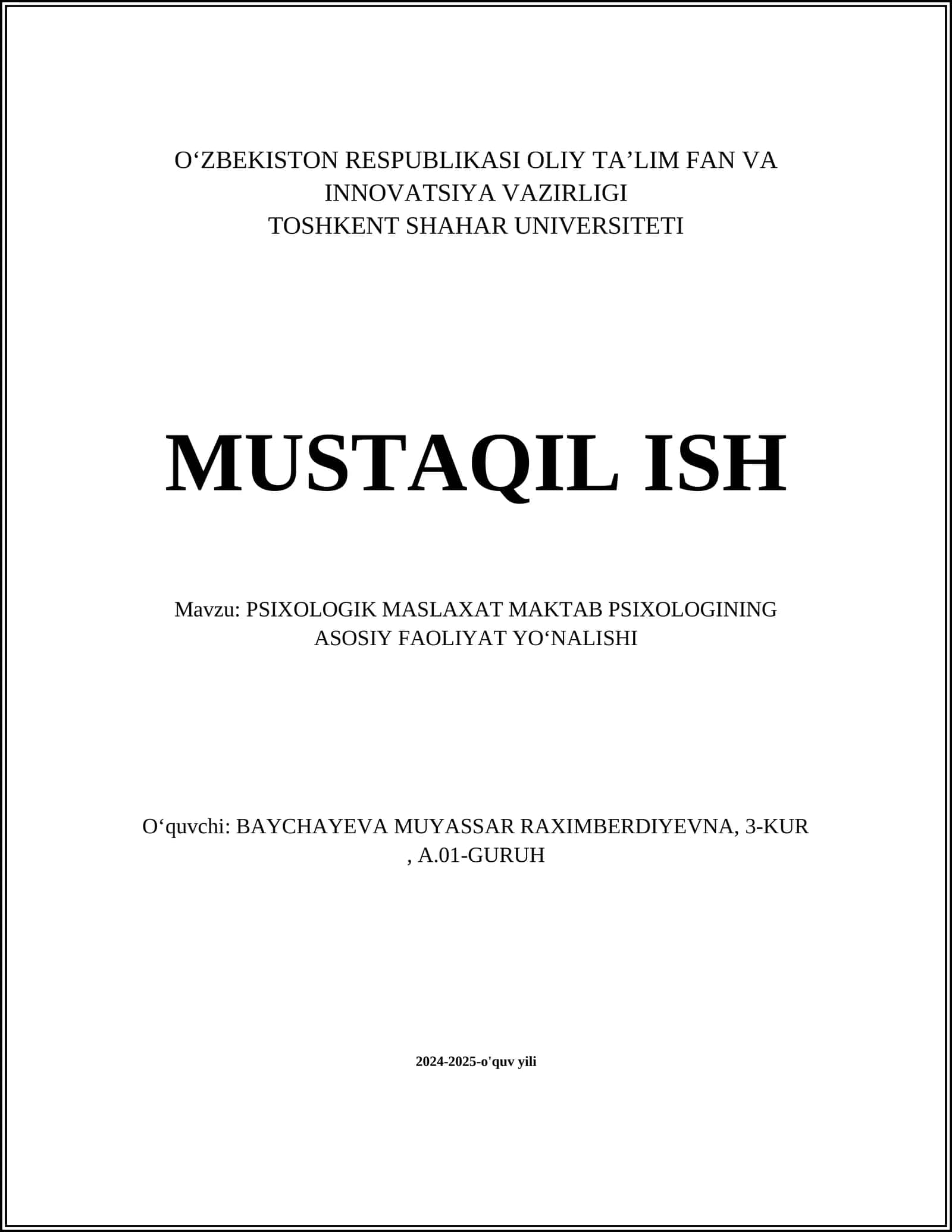 PSIXOLOGIK MASLAXAT MAKTAB PSIXOLOGINING ASOSIY FAOLIYAT YOʻNALISHI