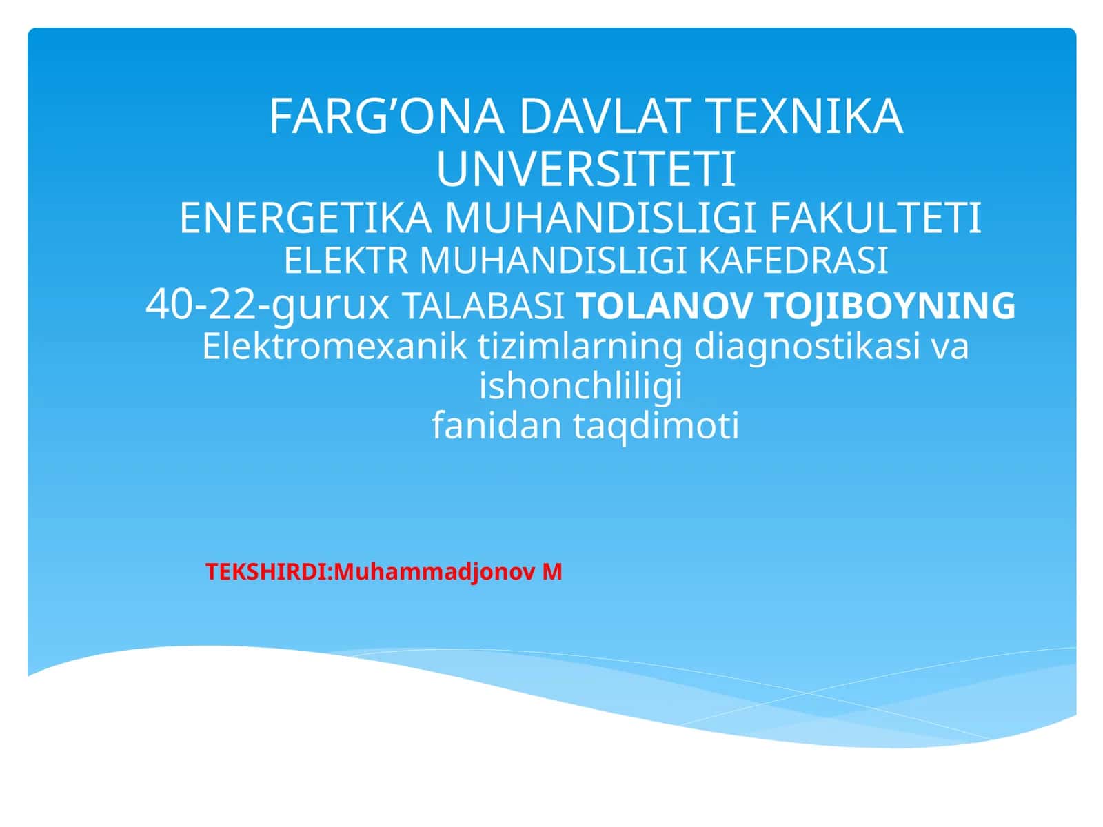 Elektromexanik tizimlarning diagnostikasi va ishonchliligi