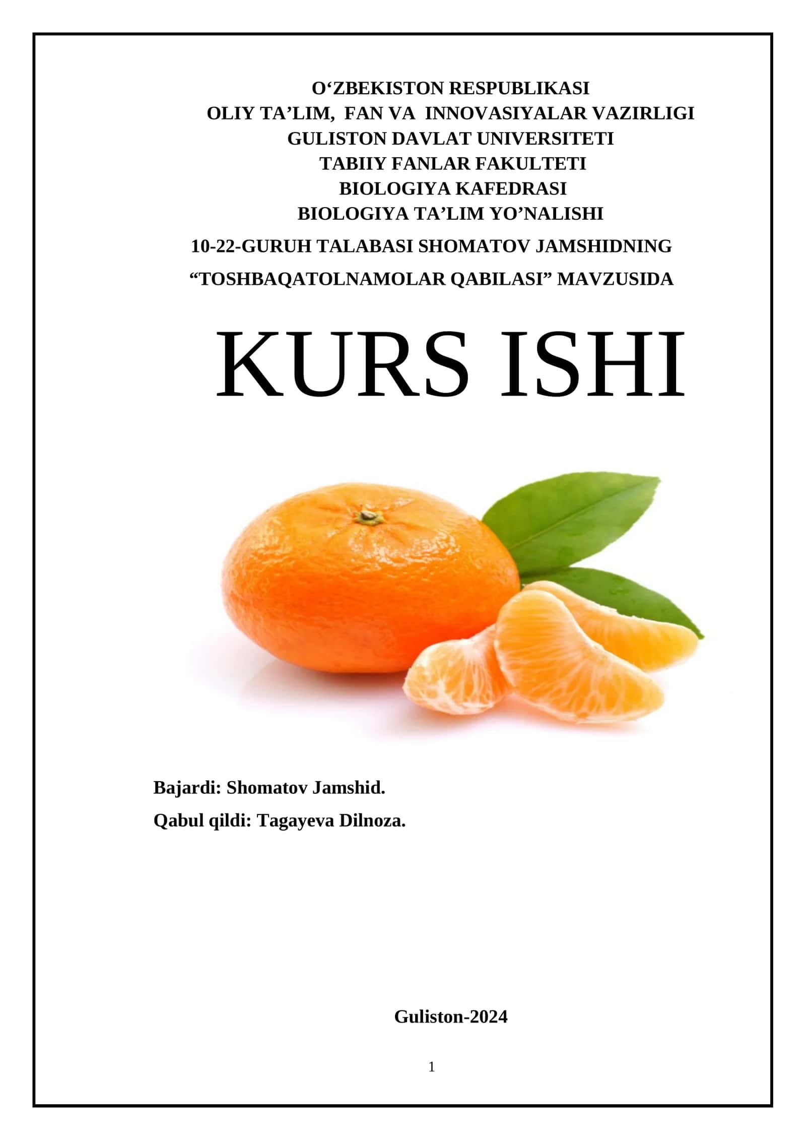 Toshbaqatolnamolar Qabilasi Kurs ishi
