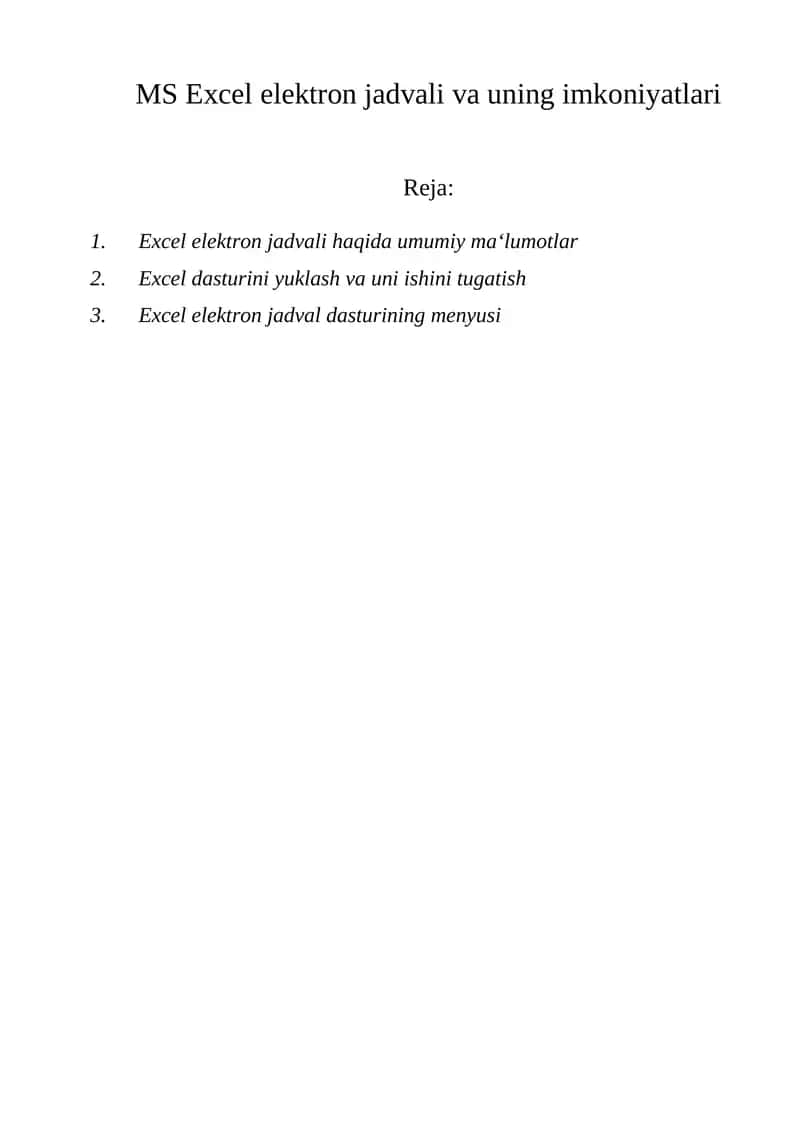 Excel elektron jadvali va uning imkoniyatlari