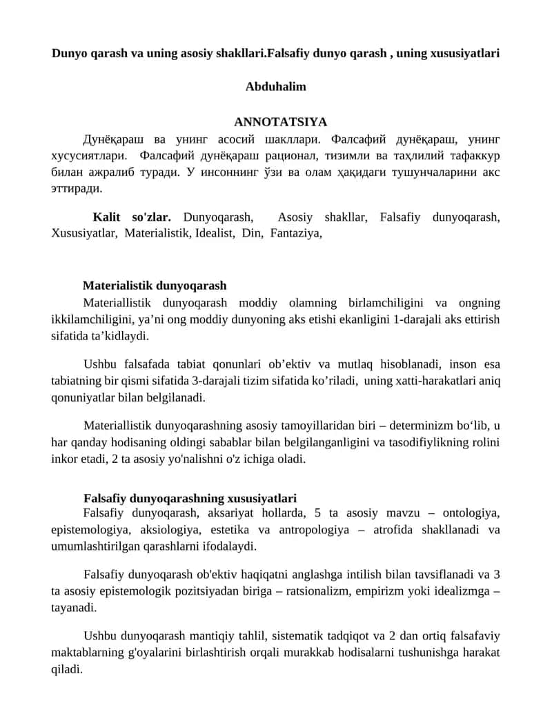 Dunyo qarash va uning asosiy shakllari