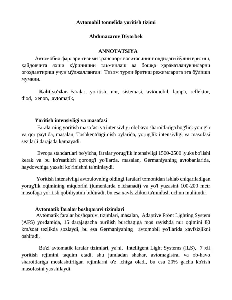 Avtomobil tonnelida yoritish tizimi