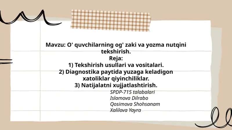O' quvchilarning og' zaki va yozma nutqini tekshirish