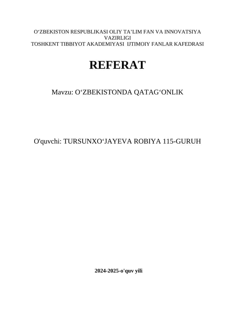 OʻZBEKISTONDA QATAGʻONLIK