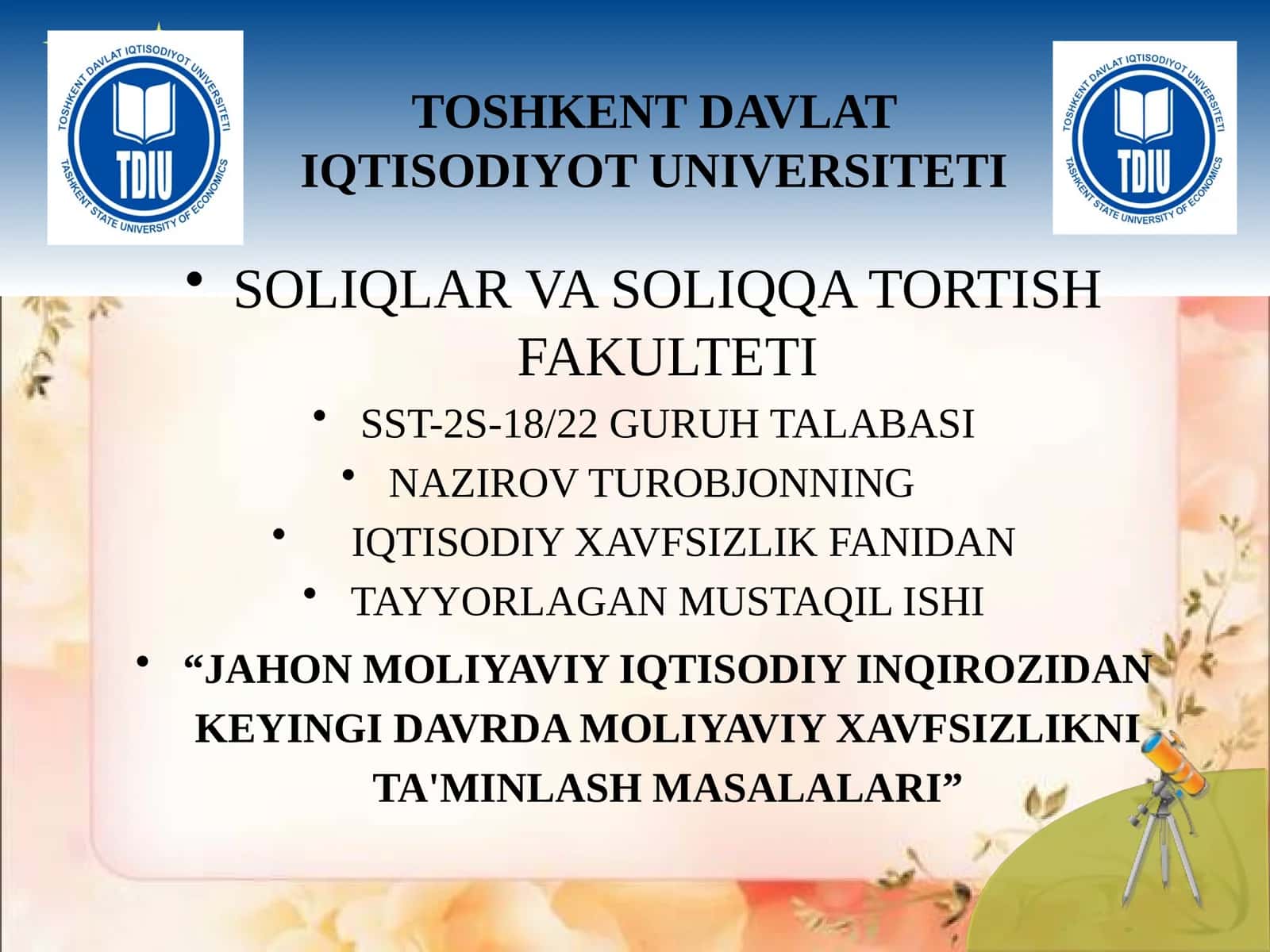 “JAHON MOLIYAVIY IQTISODIY INQIROZIDAN KEYINGI DAVRDA MOLIYAVIY XAVFSIZLIKNI TA'MINLASH MASALALARI”