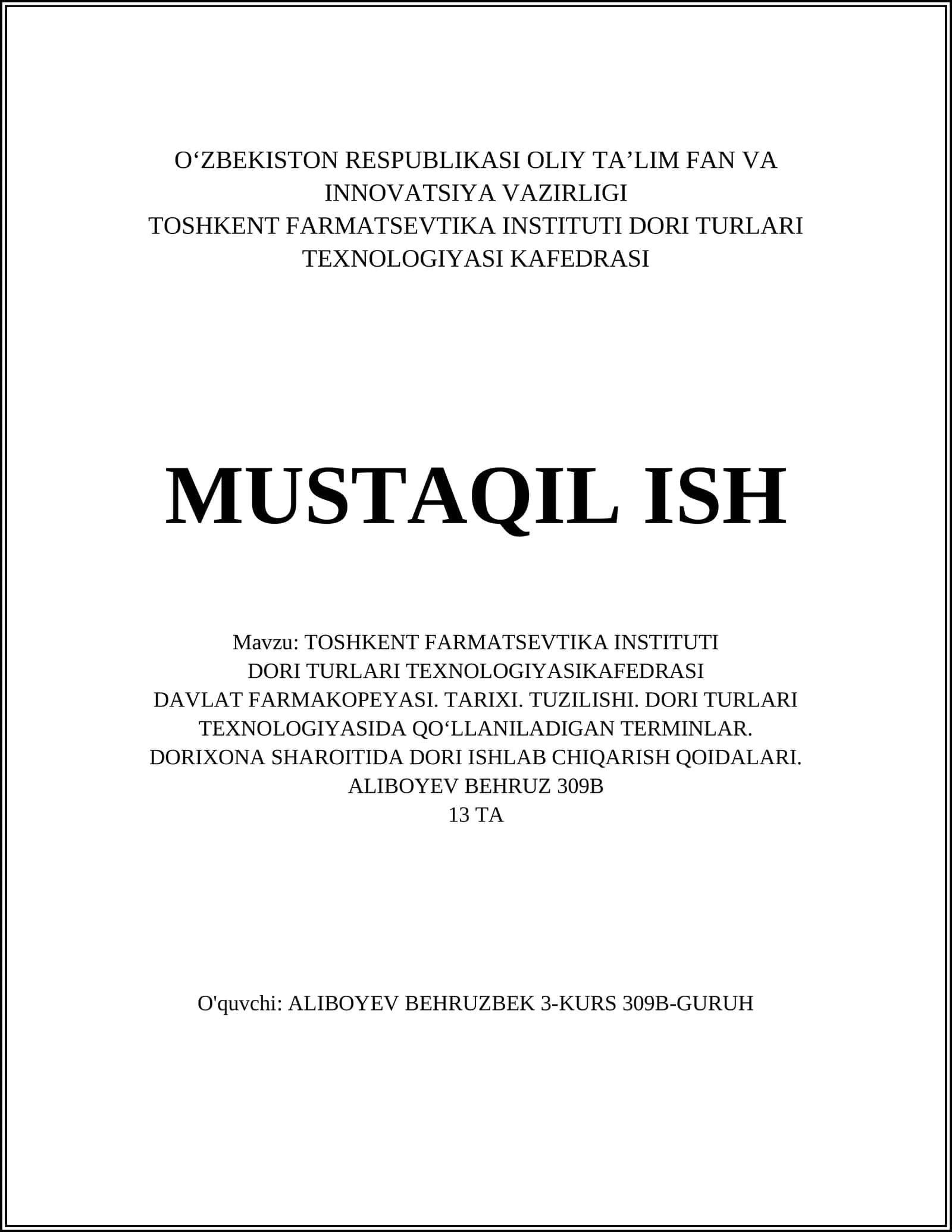 TOSHKENT FARMATSEVTIKA INSTITUTI DORI TURLARI TEXNOLOGIYASI KAFEDRASI