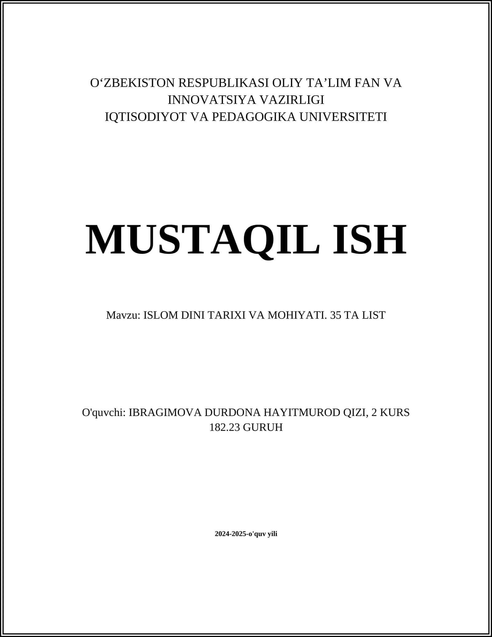 ISLOM DINI TARIXI VA MOHIYATI