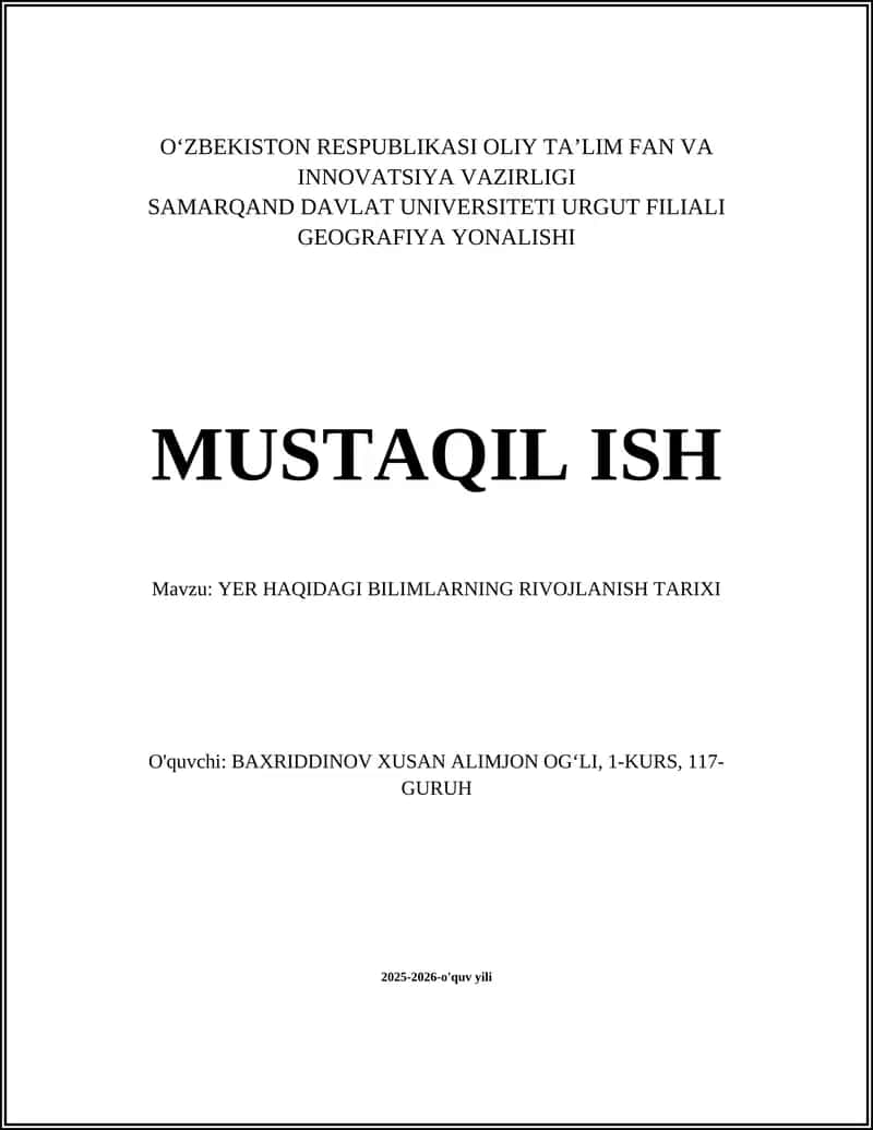 YER HAQIDAGI BILIMLARNING RIVOJLANISH TARIXI