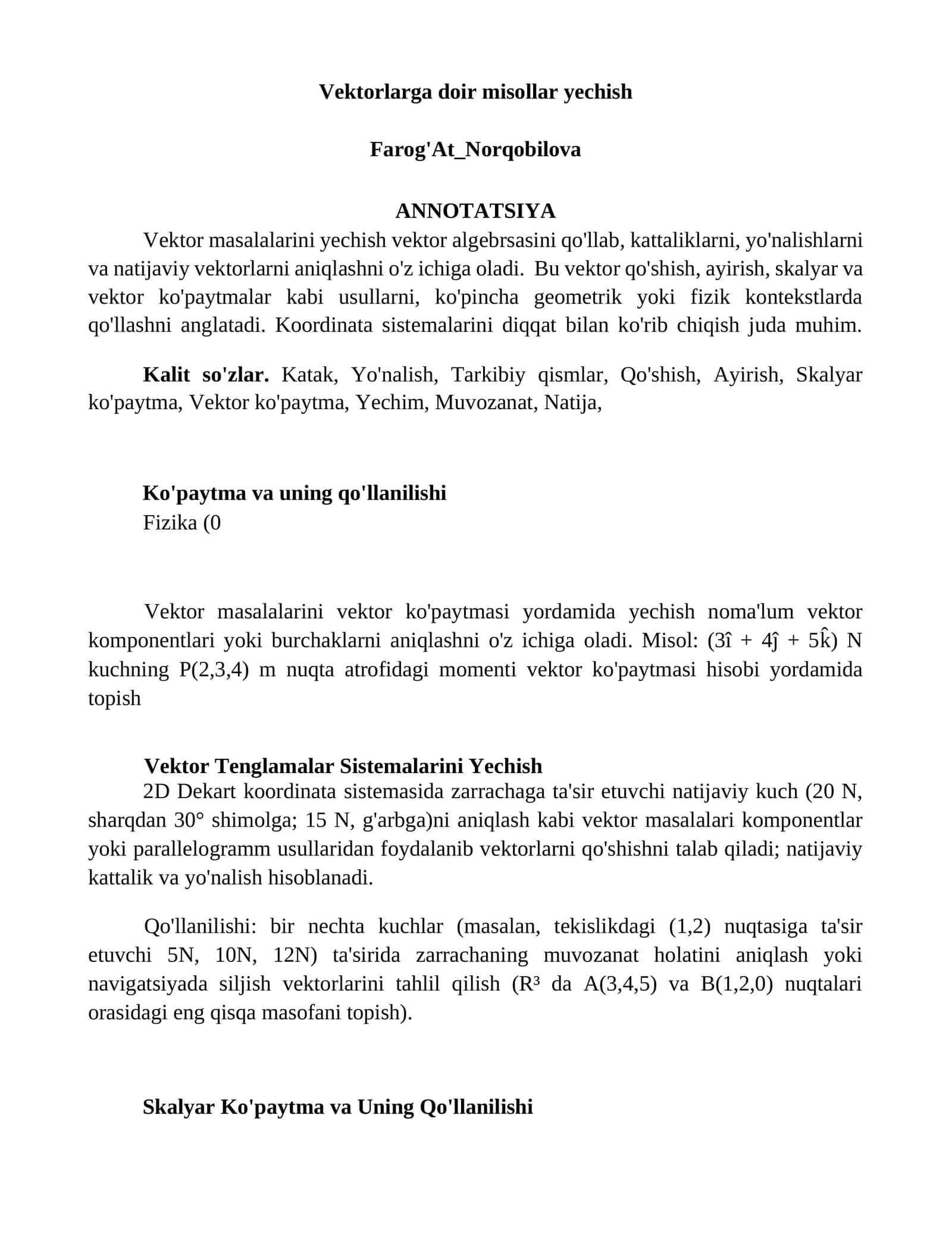 Vektorlarga doir misollar yechish