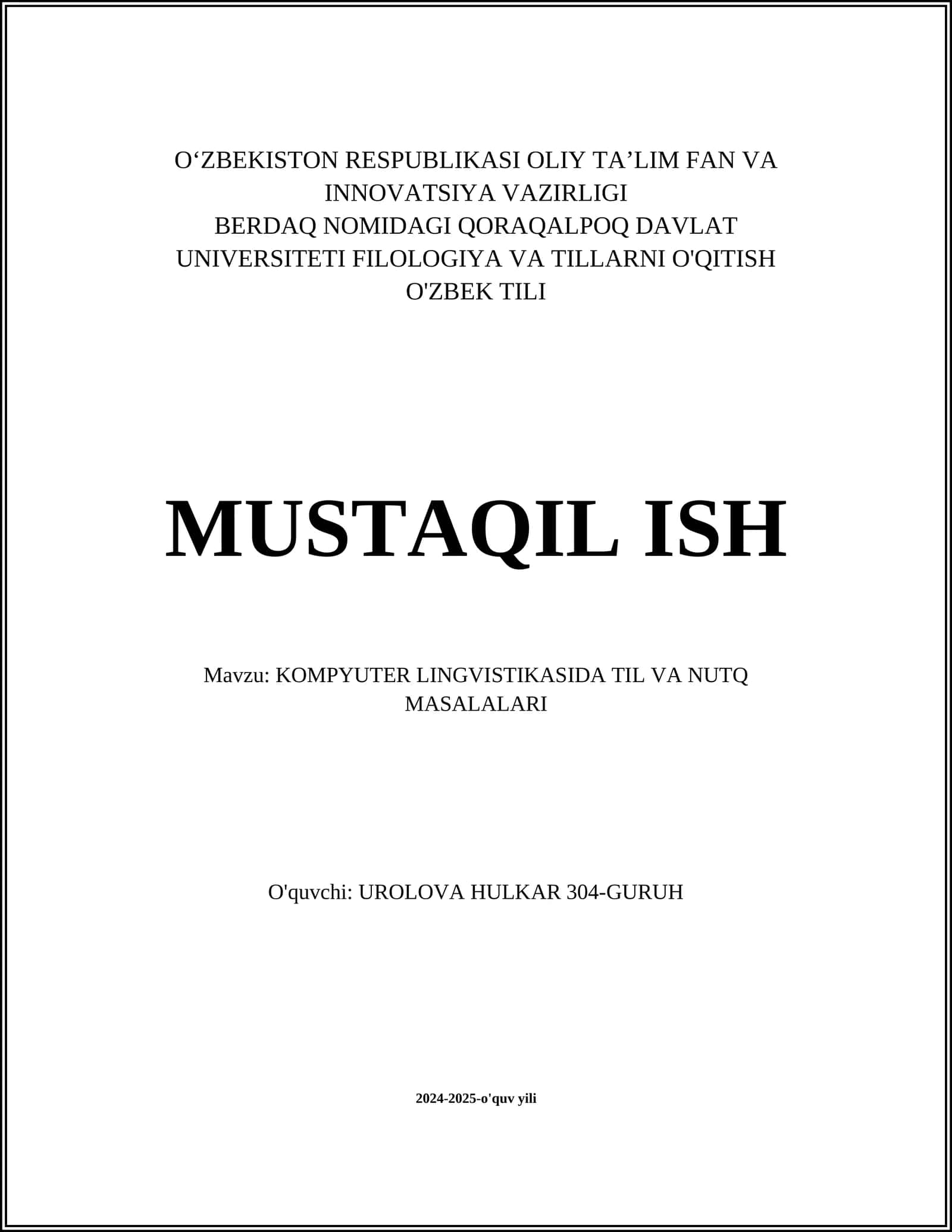 KOMPYUTER LINGVISTIKASIDA TIL VA NUTQ MASALALARI