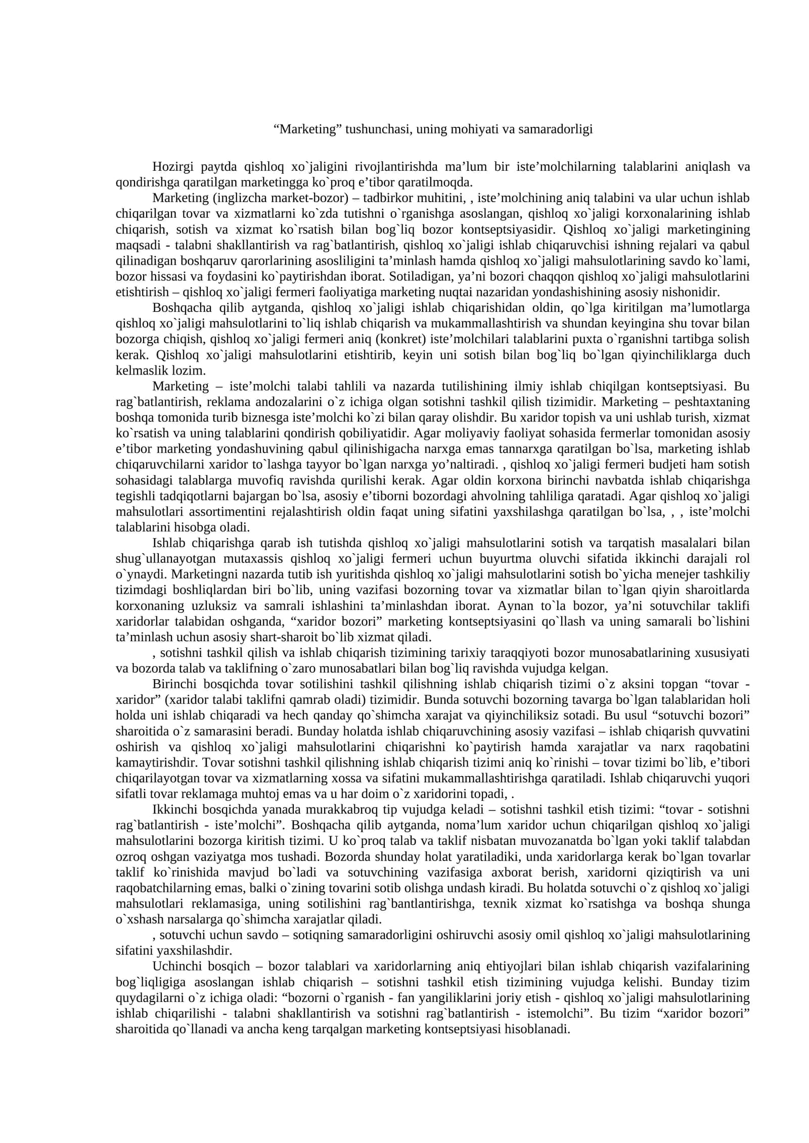 Markеting tushunchasi, uning mohiyati va samaradorligi