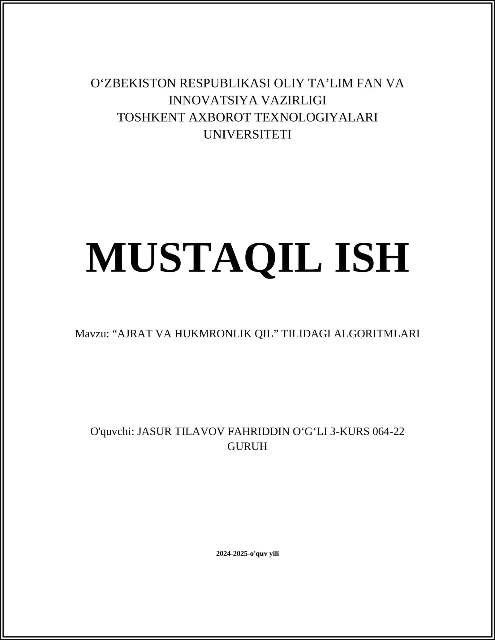 "AJRAT VA HUKMRONLIK QIL" TILIDAGI ALGORITMLARI