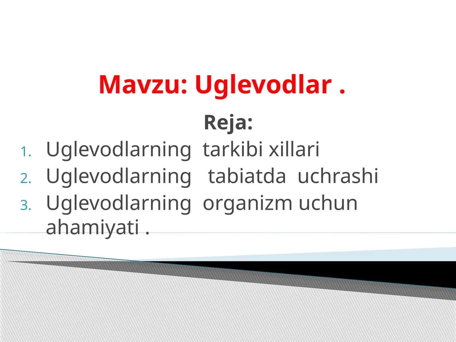 "Uglevodlar" mavzusida 9-sinf biologiya fanidan dars ishlanma.