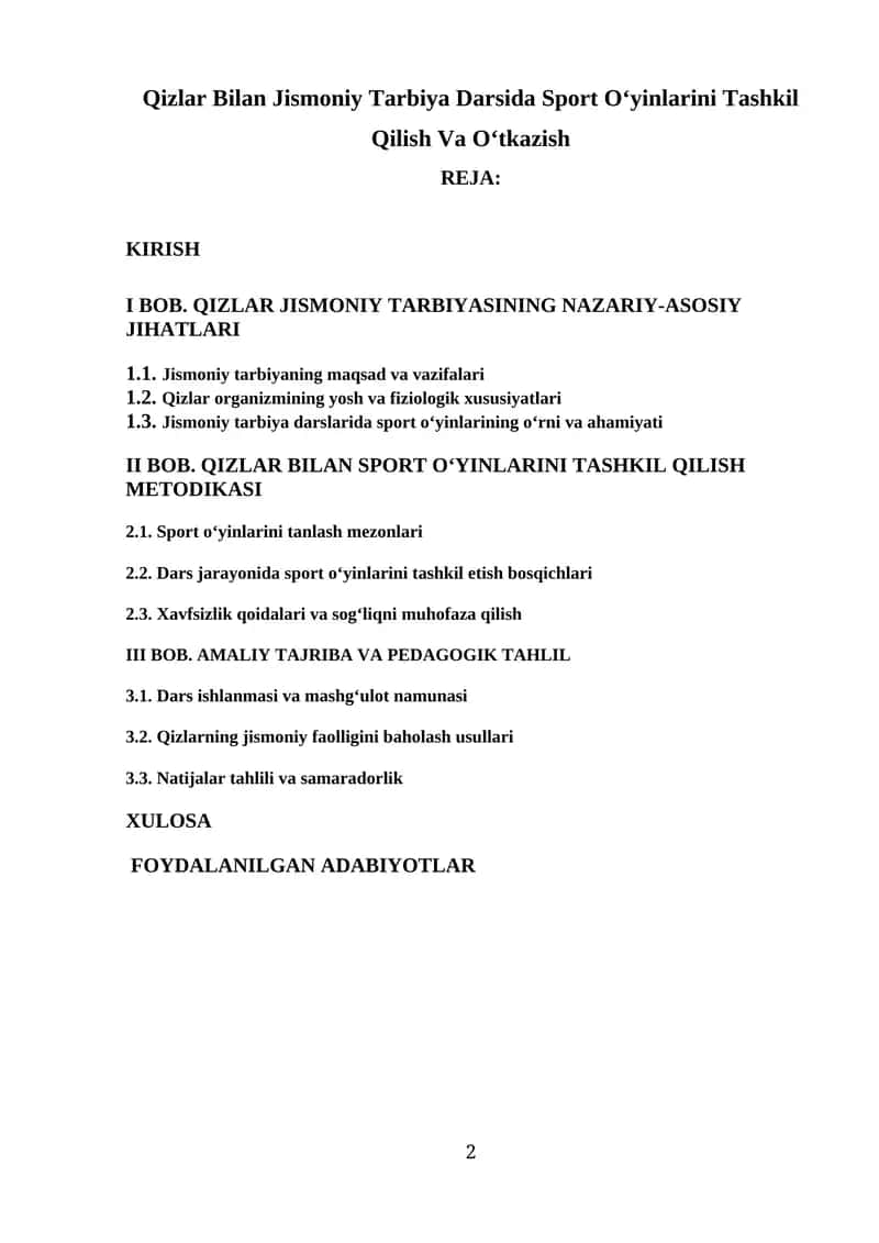 Qizlar Bilan Jismoniy Tarbiya Darsida Sport O‘yinlarini Tashkil Qilish Va O‘tkazish