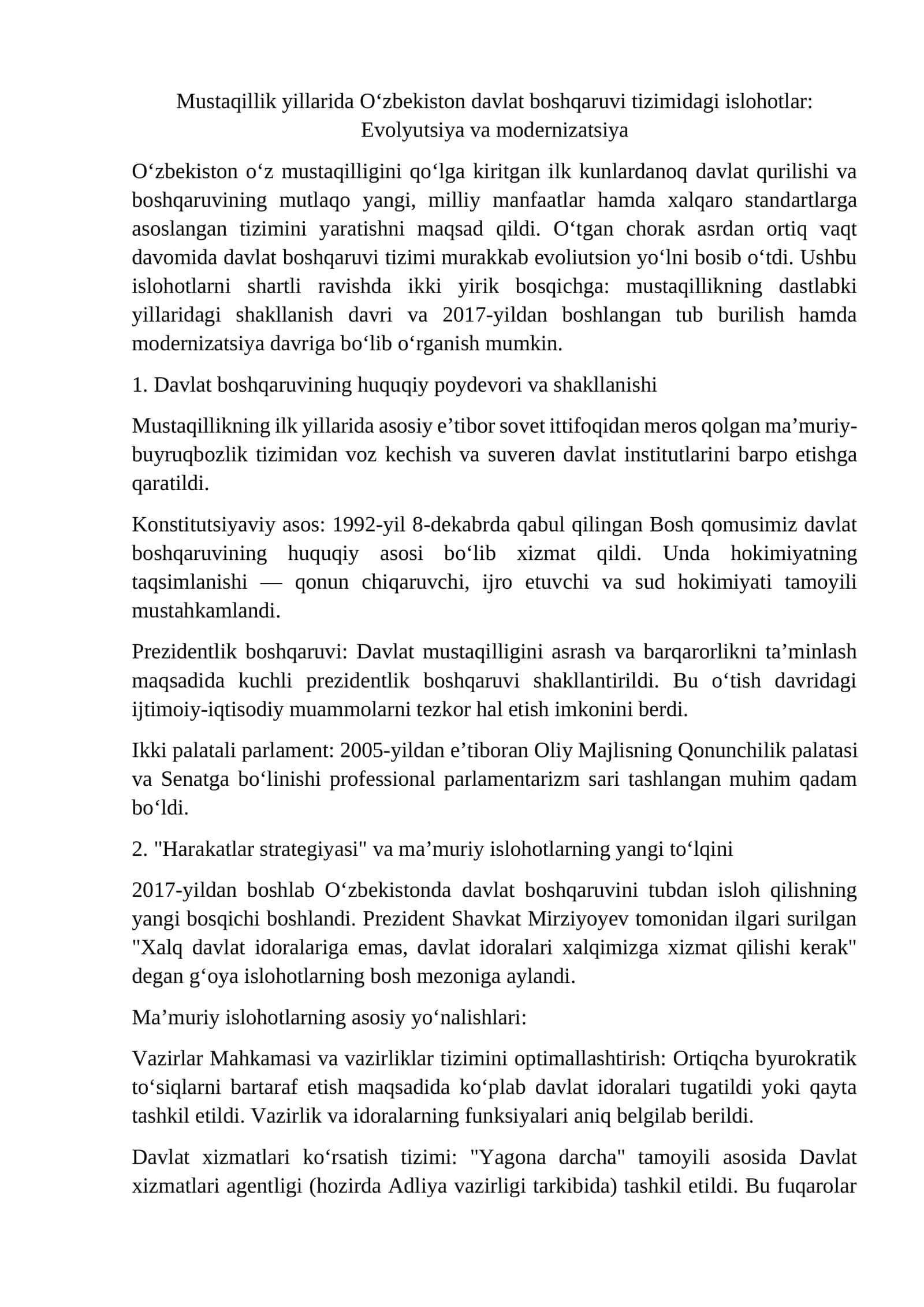 esse Mustaqillik yillarida O‘zbekiston davlat boshqaruvi tizimidagi islohotlar.