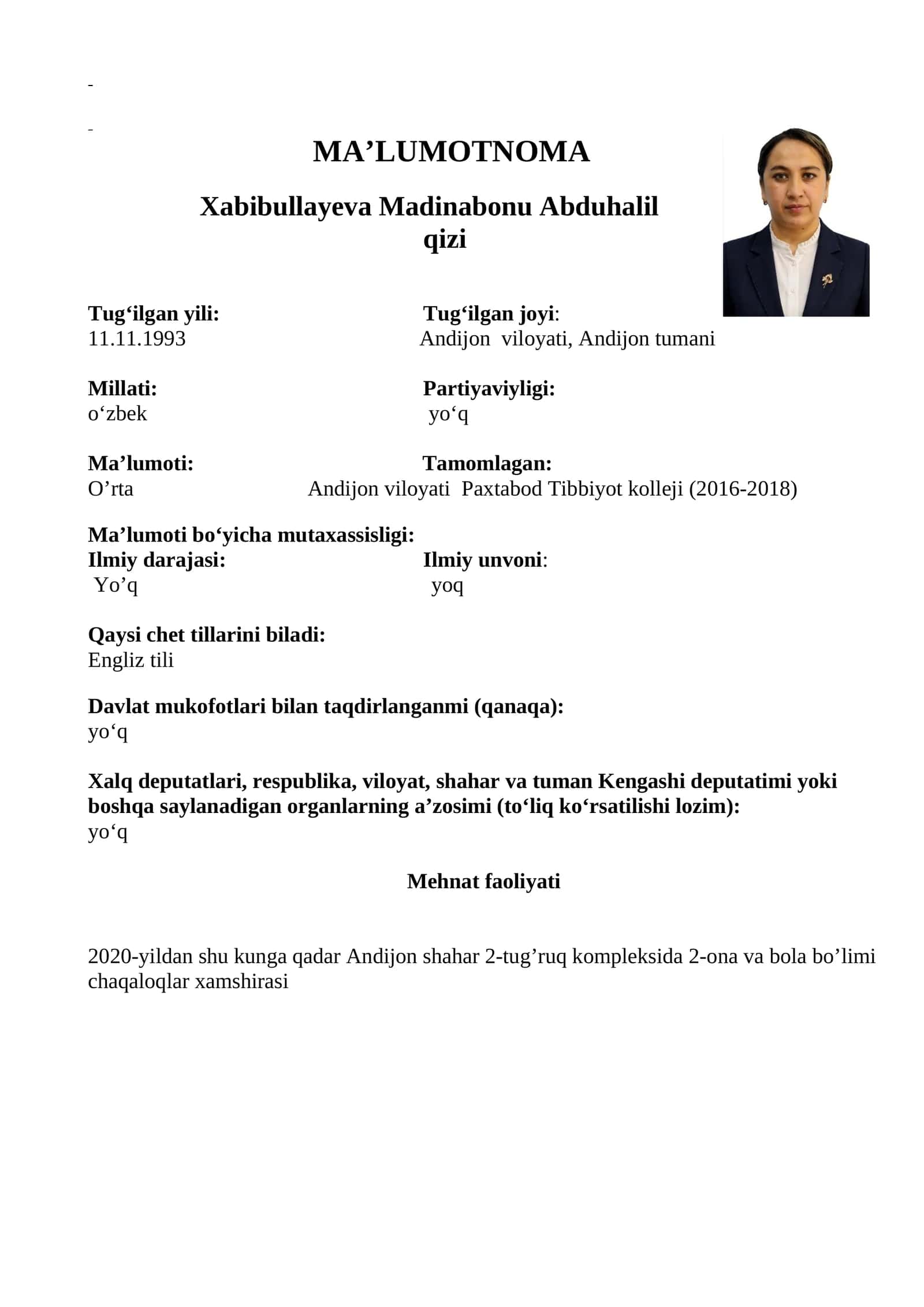 Xabibullayeva Madinabonu Abduhalil qizi