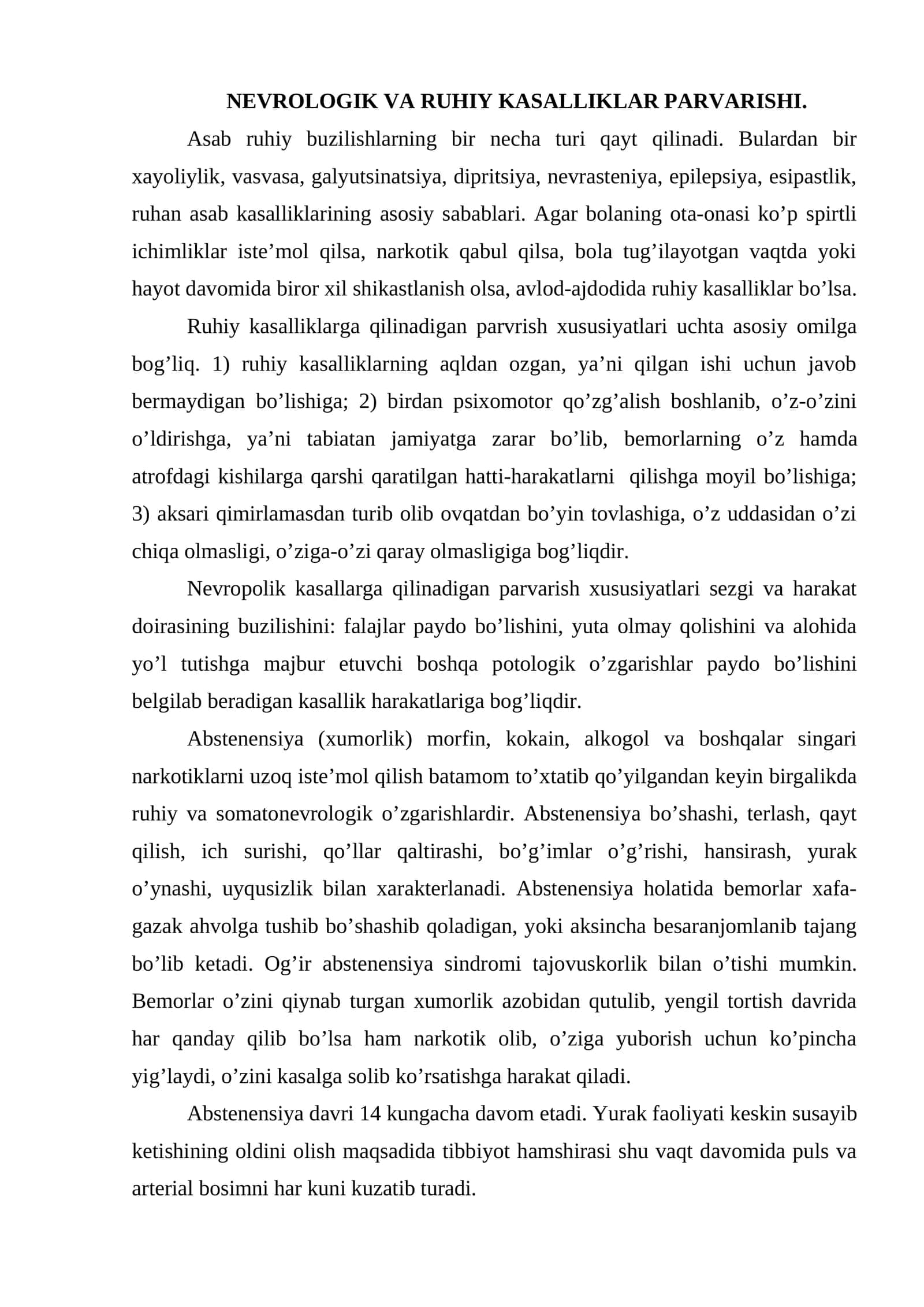 NEVROLOGIK VA RUHIY KASALLIKLAR PARVARISHI