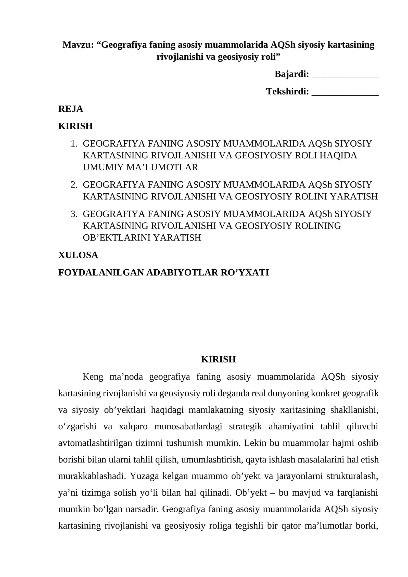 “Geografiya faning asosiy muammolarida AQSh siyosiy kartasining rivojlanishi va geosiyosiy roli”